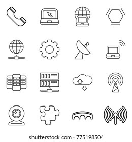 Thin line icon set : phone, notebook, globe, hex molecule, connect, gear, satellite antenna, wireless, server, cloude service, web cam, puzzle, bridge