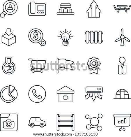Thin Line Icon Set - phone vector, greenhouse, picnic table, molecule, package, rack, photo gallery, sertificate, pie graph, client search, smart home, waiter, cafe building, air conditioner, money