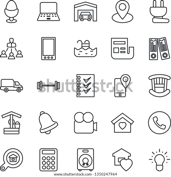 Thin Line Icon Set - phone vector, office binder,\
notebook pc, well, barbell, pin, mobile tracking, car delivery,\
video camera, speaker, bell, news, calculator, checklist,\
hierarchy, pool, garage