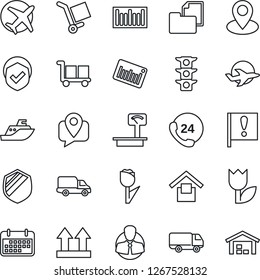 Thin Line Icon Set - pin vector, important flag, plane, traffic light, 24 hours, client, mobile tracking, sea shipping, car delivery, term, folder document, cargo, warehouse storage, up side sign