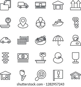 Thin Line Icon Set - pin vector, important flag, cash, traffic light, support, client, sea shipping, cargo container, car delivery, folder document, fragile, umbrella, up side sign, no hook, tulip