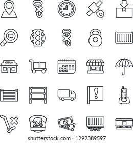 Thin Line Icon Set - pin vector, important flag, store, satellite, cash, traffic light, office phone, 24 hours, truck trailer, cargo container, car delivery, clock, term, umbrella, no trolley, hook