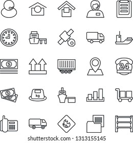 Thin Line Icon Set - pin vector, satellite, cash, office phone, 24 hours, support, sea shipping, truck trailer, car delivery, clock, port, clipboard, folder document, cargo, warehouse storage, heavy