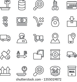 Thin Line Icon Set - pin vector, satellite, cash, office phone, 24 hours, support, mobile tracking, car delivery, term, folder document, cargo, up side sign, no trolley, hook, package, heavy, scales