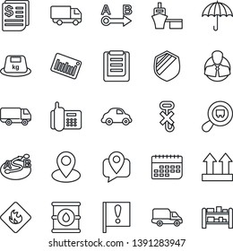 Thin Line Icon Set - pin vector, important flag, office phone, client, mobile tracking, car delivery, term, receipt, sea port, clipboard, umbrella, up side sign, no hook, shield, heavy, flammable
