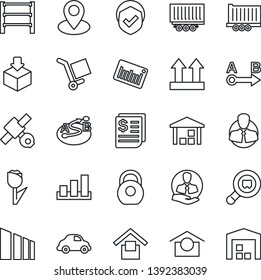 Thin Line Icon Set - pin vector, satellite, client, truck trailer, car delivery, receipt, cargo, warehouse storage, up side sign, tulip, package, sorting, shield, heavy, search, barcode, route, rack