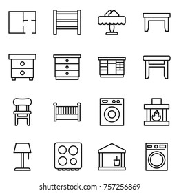 Thin line icon set : plan, rack, restaurant, table, nightstand, chest of drawers, wardrobe, stool, chair, crib, washing machine, fireplace, floor lamp, hob, utility room