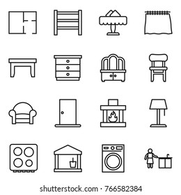 Thin line icon set : plan, rack, restaurant, curtain, table, chest of drawers, dresser, chair, armchair, door, fireplace, floor lamp, hob, utility room, washing machine, kitchen cleaning