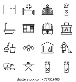 Thin line icon set : plan, hospital, hotel, do not distrub, bath, wardrobe, dresser, fireplace, bucket and broom, hard reach place cleaning, utility room, brooming, home call, iron board