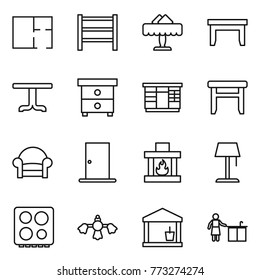 Thin line icon set : plan, rack, restaurant, table, nightstand, wardrobe, stool, armchair, door, fireplace, floor lamp, hob, hard reach place cleaning, utility room, kitchen