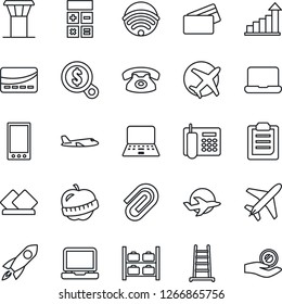 Thin Line Icon Set - plane vector, airport tower, luggage storage, growth statistic, calculator, notebook pc, ladder, diet, laptop, mobile, clipboard, paper clip, office phone, wireless, credit card