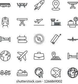 Thin Line Icon Set - plane vector, suitcase, departure, baggage conveyor, airport bus, train, signpost, bed, larry, luggage scales, globe, building, case, picnic table, navigation, earth, place tag
