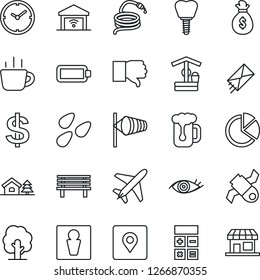 Thin Line Icon Set - plane vector, male, wind, dollar sign, calculator, coffee, tree, well, hose, bench, seeds, implant, eye, satellite, finger down, place tag, battery, clock, pie graph, house with
