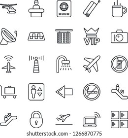 Thin Line Icon Set - plane vector, radar, antenna, satellite, taxi, suitcase, departure, baggage trolley, hot cup, elevator, escalator, no mobile, smoking, vip, wireless notebook, reception, shower