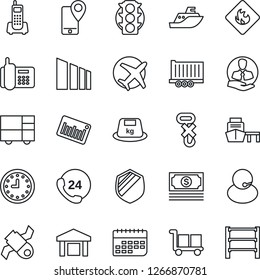 Thin Line Icon Set - plane vector, satellite, cash, traffic light, office phone, 24 hours, support, client, mobile tracking, sea shipping, truck trailer, clock, term, port, consolidated cargo, heavy