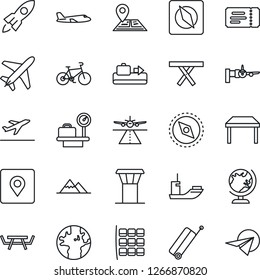 Thin Line Icon Set - plane vector, airport tower, runway, suitcase, departure, baggage conveyor, ticket, globe, boarding, seat map, luggage scales, picnic table, bike, navigation, earth, place tag