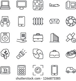 Thin Line Icon Set - plane vector, mobile phone, office building, notebook pc, document, tree, satellite, route, cell, monitor, speaker, camera, torch, application, case, calculator, chip, intercome