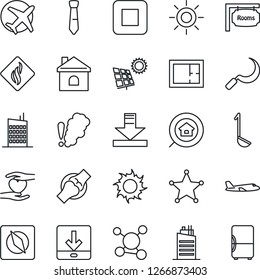 Thin Line Icon Set - plane vector, house, sun, sickle, heart hand, joint, molecule, stop button, download, compass, tie, panel, plan, rooms, estate search, city, ladle, smoke detector, police