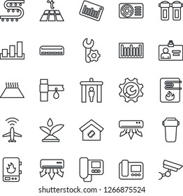 Thin Line Icon Set - plane radar vector, security gate, identity card, drip irrigation, sorting, barcode, root setup, air conditioner, smart home, water heater, intercome, filter, warm floor
