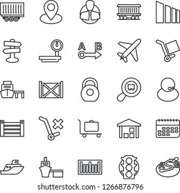 Thin Line Icon Set - plane vector, baggage trolley, signpost, pin, railroad, traffic light, support, client, sea shipping, truck trailer, term, port, container, cargo, no, warehouse, sorting, heavy