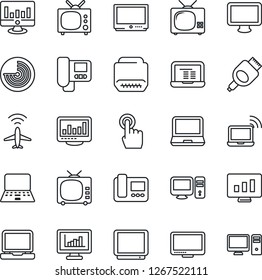 Thin Line Icon Set - plane radar vector, wireless notebook, pc, statistic monitor, tv, touch screen, laptop, hdmi, statistics, intercome