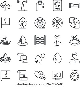 Thin Line Icon Set - plane radar vector, passport, bed, luggage storage, contract, statistic monitor, water drop, pond, heart diagnostic, route, important flag, reel, antenna, application, supply
