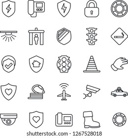 Thin Line Icon Set - plane radar vector, security gate, smoking place, alarm car, border cone, glove, boot, hose, heart shield, traffic light, protect, lock, intercome, home, surveillance, sprinkler