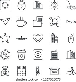 Thin Line Icon Set - plane vector, lock, office building, book, mouse, money bag, coffee, lawn mower, sun, heart, molecule, folder document, rec button, record, compass, tie, rooms, city house