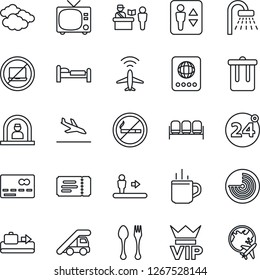 Thin Line Icon Set - plane radar vector, arrival, baggage conveyor, hot cup, spoon and fork, 24 around, passport control, elevator, escalator, no laptop, smoking, trash bin, tv, waiting area, vip
