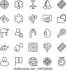 Thin Line Icon Set - plane radar vector, statistic monitor, water drop, heart diagnostic, pills blister, ambulance star, patient, route, important flag, folder document, reel, application, target