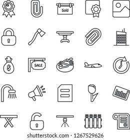 Thin Line Icon Set - plane vector, medal, document, axe, picnic table, tulip, barcode, route, gallery, sertificate, paper clip, sale, sold signboard, lock, bathroom, city house, radiator, sprinkler