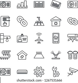 Thin Line Icon Set - plane radar vector, identity card, drip irrigation, sorting, barcode, chain, root setup, air conditioner, smart home, water heater, control app, filter, warm floor, surveillance
