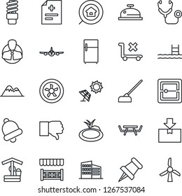 Thin Line Icon Set - plane vector, well, hoe, pond, picnic table, diagnosis, stethoscope, client, no trolley, package, finger down, paper pin, bell, scanner, pool, mountains, office building, alcove