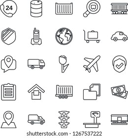 Thin Line Icon Set - plane vector, baggage trolley, earth, pin, railroad, cash, traffic light, office phone, 24 hours, mobile tracking, truck trailer, cargo container, car delivery, clipboard, tulip