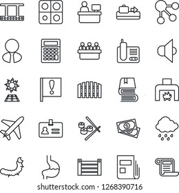 Thin Line Icon Set - plane vector, baggage conveyor, identity, meeting, manager place, rain, caterpillar, stomach, important flag, cash, container, film frame, speaker, radio phone, application