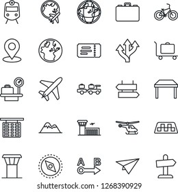 Thin Line Icon Set - plane vector, airport tower, taxi, baggage trolley, train, signpost, ticket, larry, helicopter, flight table, luggage scales, globe, building, case, bike, route, place tag
