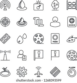 Thin Line Icon Set - plane radar vector, bomb in case, passport, luggage storage, contract, water drop, pond, pills blister, patient, important flag, reel, antenna, root setup, target, fruit tree