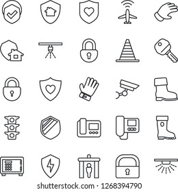 Thin Line Icon Set - plane radar vector, security gate, border cone, safe, lock, glove, boot, heart shield, traffic light, protect, key, intercome, home, surveillance, sprinkler