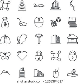 Thin Line Icon Set - plane vector, lock, office building, mouse, money bag, lawn mower, butterfly, sickle, heart, molecule, lungs, book, house, sun panel, mountains, city, smoke detector, tie