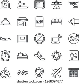 Thin Line Icon Set - plane vector, runway, fence, baggage conveyor, 24 around, coffee machine, elevator, escalator, alarm clock, no laptop, waiting area, wireless notebook, reception bell, disabled