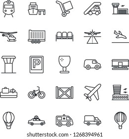 Thin Line Icon Set - plane vector, airport tower, runway, arrival, baggage conveyor, parking, train, waiting area, alarm car, ladder, helicopter, building, ambulance, bike, truck trailer, delivery