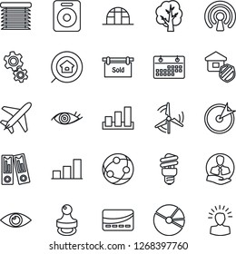 Thin Line Icon Set - plane vector, office binder, tree, greenhouse, eye, client, sorting, network, speaker, calendar, bar graph, pie, stamp, windmill, sold signboard, estate search, insurance, gear