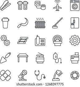 Thin Line Icon Set - plane radar vector, washer, gear, trowel, hoe, sickle, stethoscope, blood pressure, dropper, patch, tomography, microphone, radio phone, desk lamp, paper tray, copier, stapler