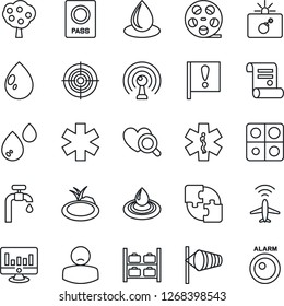 Thin Line Icon Set - plane radar vector, bomb in case, passport, wind, luggage storage, statistic monitor, contract, water drop, pond, heart diagnostic, ambulance star, patient, important flag, reel