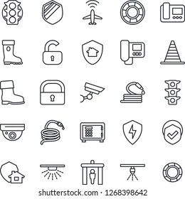 Thin Line Icon Set - plane radar vector, security gate, border cone, safe, boot, hose, traffic light, shield, protect, lock, intercome, home, surveillance, sprinkler, crisis management