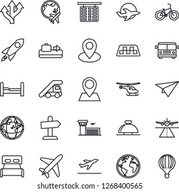Thin Line Icon Set - plane vector, runway, taxi, departure, baggage conveyor, airport bus, reception bell, ladder car, helicopter, flight table, globe, building, bike, route, earth, pin, bedroom