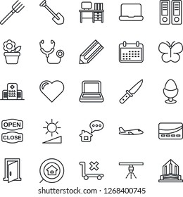 Thin Line Icon Set - plane vector, office binder, desk, job, pencil, flower in pot, farm fork, butterfly, heart, stethoscope, hospital, no trolley, brightness, notebook pc, estate search, egg stand