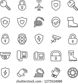Thin Line Icon Set - plane radar vector, lock, glove, boot, hose, heart shield, traffic light, protect, key, intercome, home, surveillance, crisis management