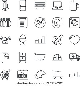 Thin Line Icon Set - plane vector, baggage trolley, 24 around, team, notebook pc, document, glove, bench, greenhouse, medical calendar, heart, mobile camera, coffee, paper clip, bar graph, moving