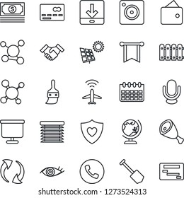 Thin Line Icon Set - plane radar vector, phone, credit card, globe, calendar, job, molecule, heart shield, eye, cash, microphone, update, mobile camera, themes, download, presentation board, fence